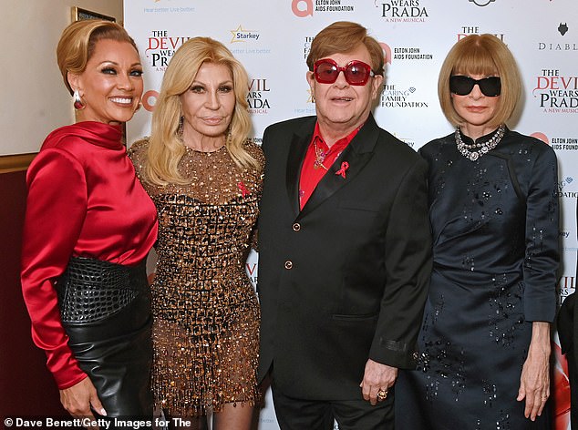 Vanessa is pictured with Donatella Versace, Elton John and Anna Wintour at Sunday's gala night.