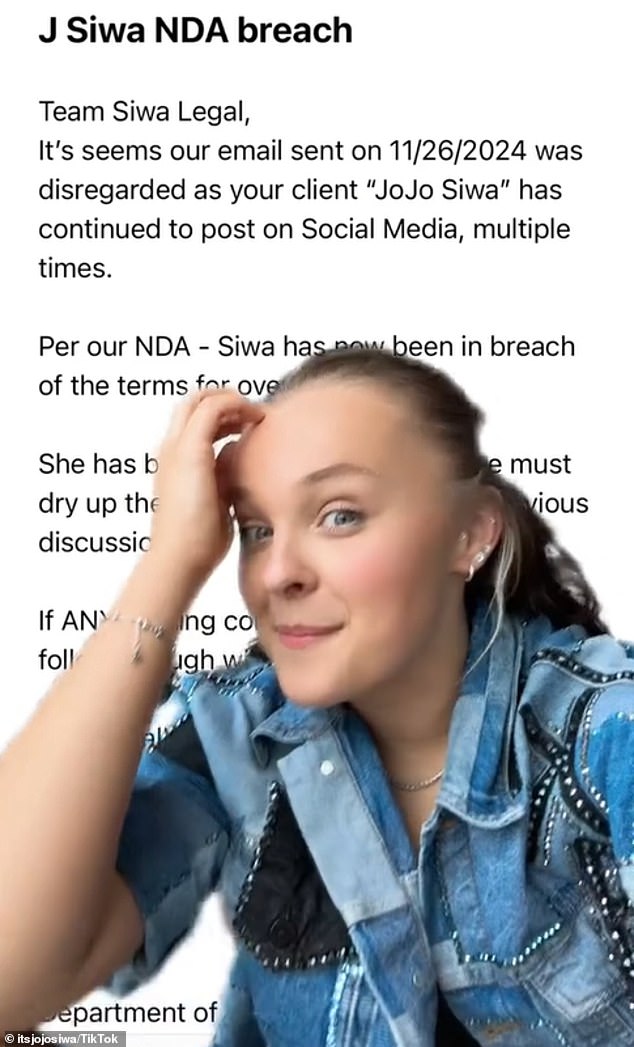 The American dancer and pop star posted on TikTok on Monday to share a screenshot of an email from a company that claimed she was violating its confidentiality agreement.