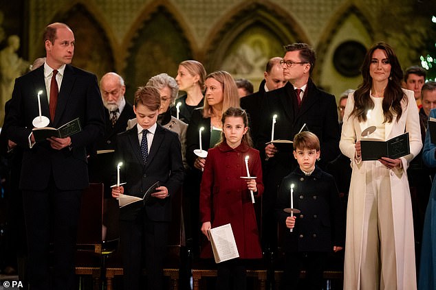 The Prince of Wales, Prince George, Princess Charlotte, Prince Louis and the Princess of Wales during the Royal Carols, together at the Christmas service at Westminster Abbey last year.