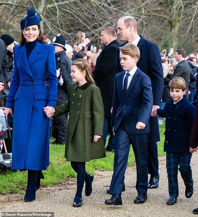 Catherine, Princess of Wales, Princess Charlotte of Wales, Prince George of Wales, Prince William, Prince of Wales, Prince Louis of Wales attend the Christmas morning service at Sandringham Church on December 25, 2023 in Sandringham, Norfolk