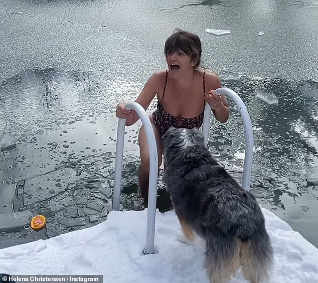 The Danish model, 55, took to her Instagram to post a video of herself diving into a frozen pond in a brown swimsuit.