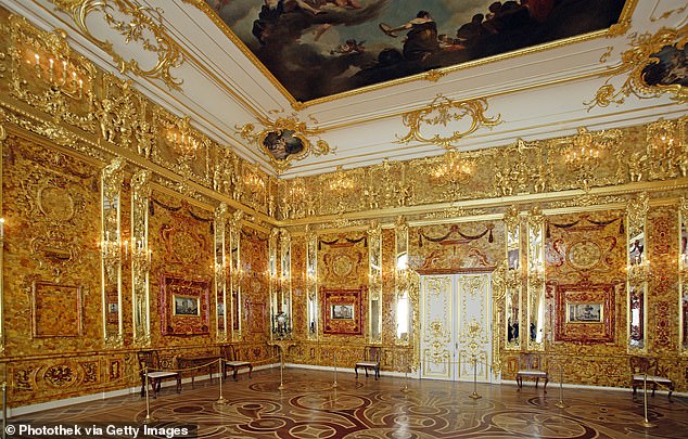 A recreation of the Amber Room photographed at the Catherine Palace in Russia in 2008.