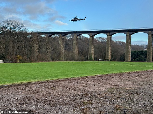 The cast and crew were seen sailing down the Llangollen Canal on the 126ft high aqueduct while helicopters monitored the scene from above.