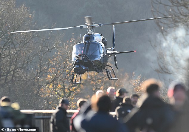 A helicopter flew overhead during a break between scenes in northeast Wales.