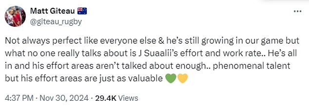 Wallabies legend Matt Giteau took to social media to praise Sua'ali'i, stating his effort and work rate were excellent.