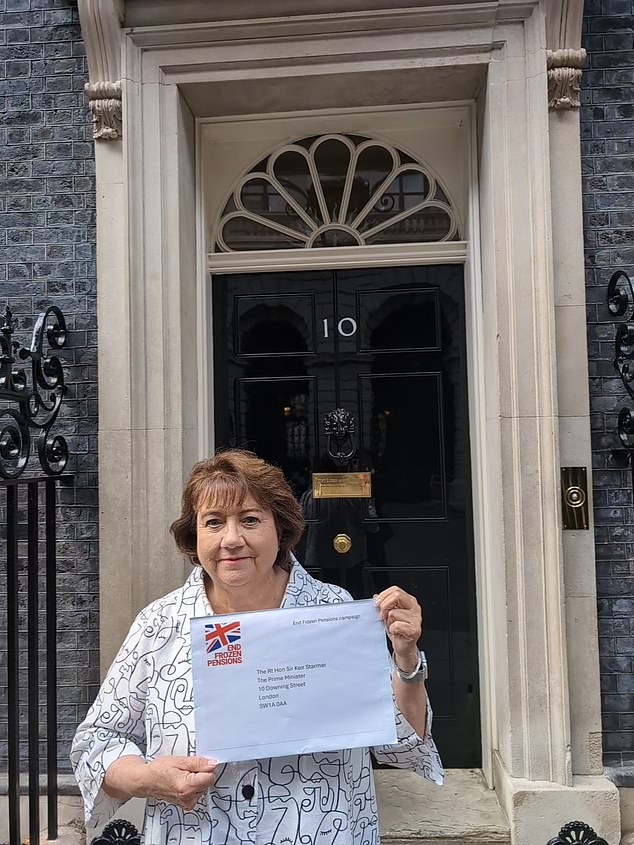 Edwina Melville-Gray at 10 Downing Street during her latest pension campaign