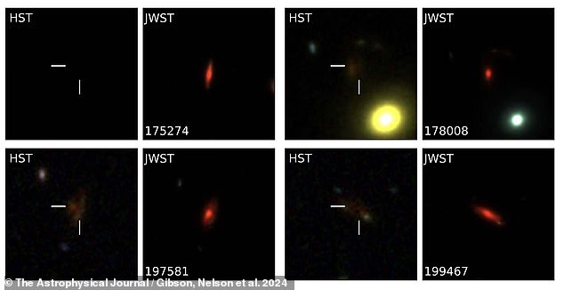 Researchers have identified a total of 56 UFO galaxies - most likely hidden by dust and debris clouds that mask the light from their inner galaxies. Above are four more examples of infrared-emitting UFO galaxies that were hidden from Hubble (HST) but visible to James Webb (JWST)