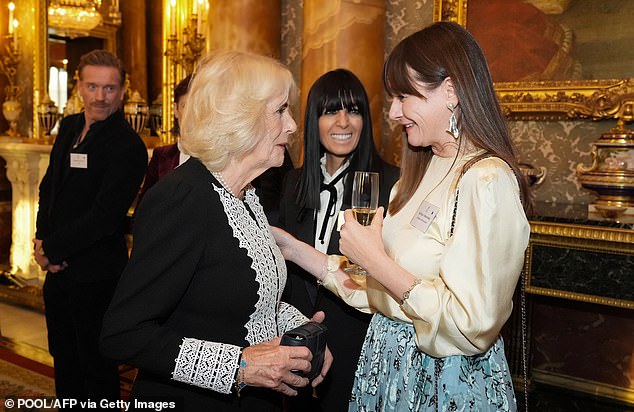 Queen Camilla met British actress Emily Mortimer during a reception to celebrate those working in the film and television industry, at Buckingham Palace on November 13, 2024.