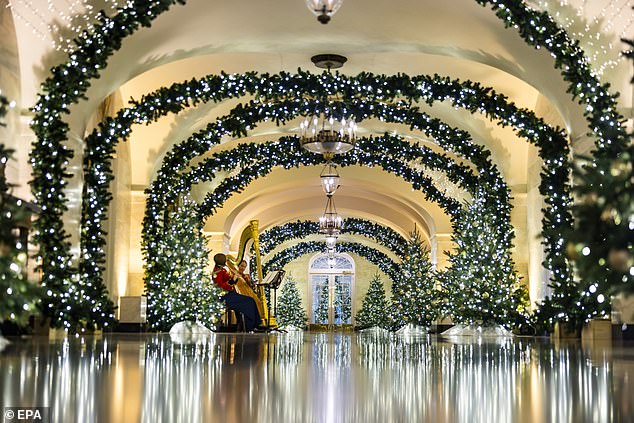 Other aspects of the White House Christmas decorations were more traditional, with twinkling lights, trees and garlands lining the hallways.