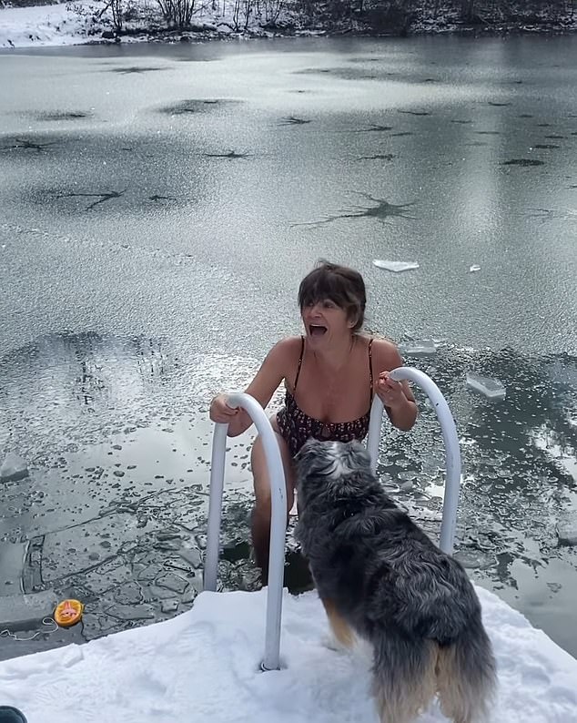 Model Helena Christensen shared a video of herself bathing in a frozen pond at her retreat in upstate New York. The air temperature was frigid but the Danish model, 55, was wearing only a swimsuit and a pair of socks.