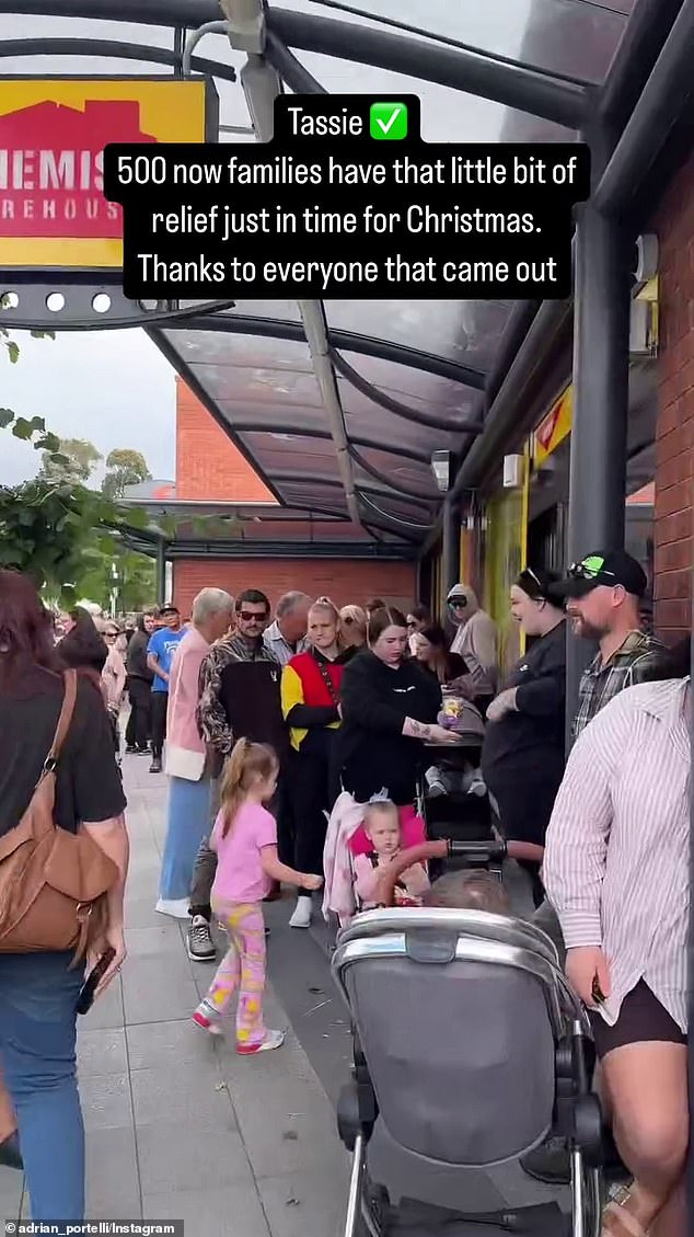 Their previous giveaway took place in Tasmania, where long lines of hopeful shoppers appeared waiting to receive donations (pictured).