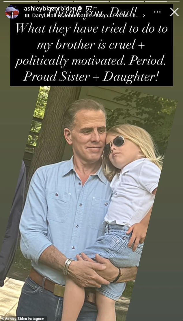 Ashley Biden posted a thank you message to her father on her Instagram Story after President Biden announced Hunter's pardon.