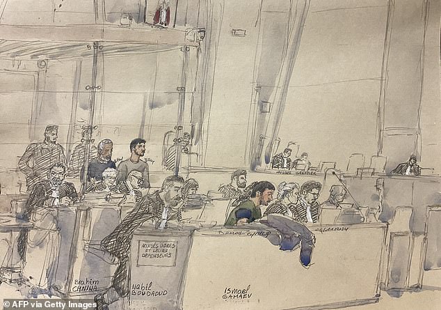 This court sketch made and published on November 4, 2024 shows (LR) defendants Brahim Chnina, Nabil Boudaoud and Ismael Gamaev sitting during the trial.