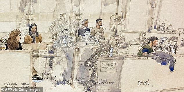 (LR) Defendants Abdelhakim Sefrioui, Louqmane Ingar, Azim Epsirkhanov, Priscilla Mangel, Yusuf Cinar, Brahim Chnina, Nabil Boudaoud and Ismael Gamaev sitting during the trial