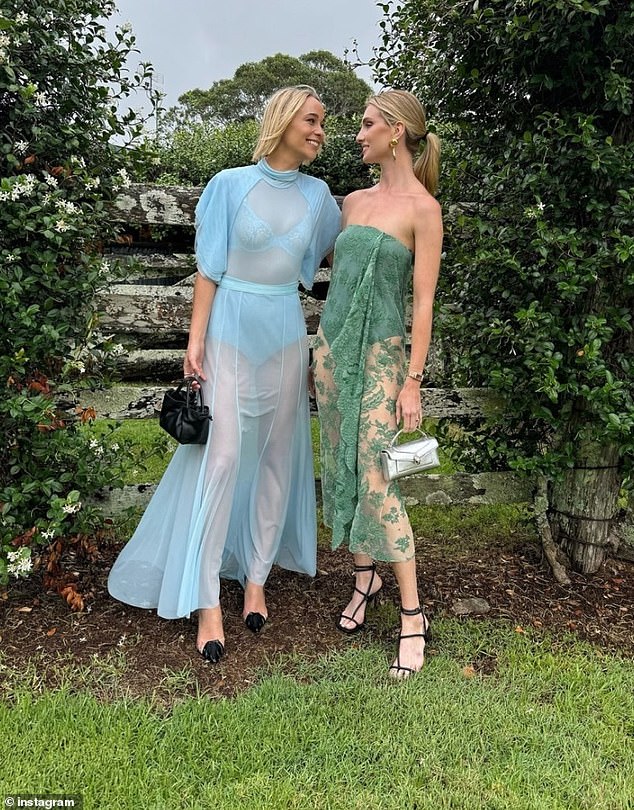 Michael Clarke's ex Jade Yarbrough (left) showed off her underwear in a pastel blue dress at celebrity accountant Anthony Bell's wedding to former cricket WAG Annika Martyn.