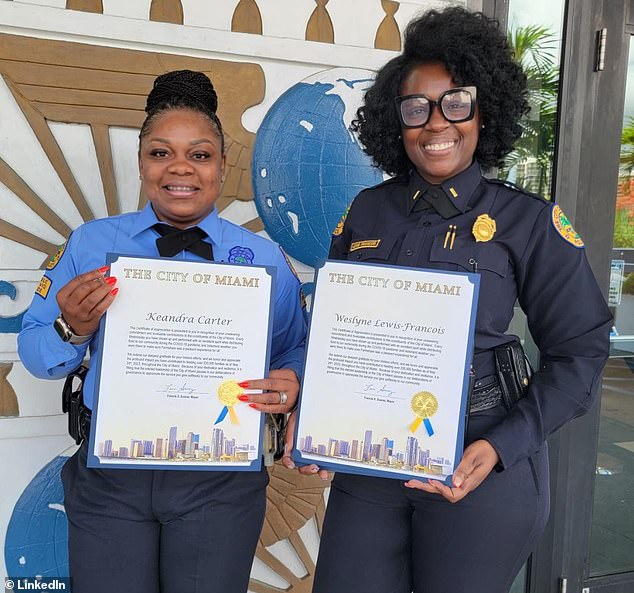 The lawsuit claims that Chief Morales used her hairstyle as a pretext to undermine her professionalism. Francois is pictured receiving an award from the city of Miami.