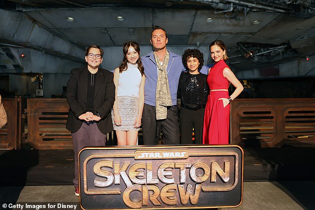 Robert Timothy Smith, Kyriana Kratter, Jude Law, Ravi Cabot-Conyers and Ryan Kiera Armstrong attend the Star Wars: Skeleton Crew launch event