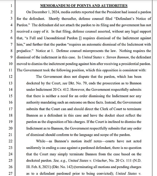 In their filing, the DoJ cited previous cases involving Trump's presidential pardons, such as for Steve Bannon and Michael Flynn, where judges ruled that 