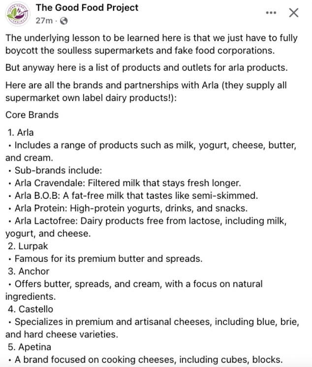 A list, now circulating widely on social media, also asks consumers to avoid the company's world-famous butter brands Lurpak and Anchor.