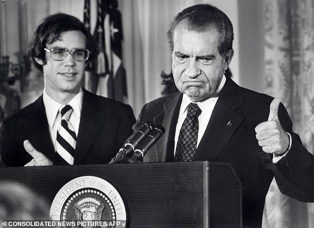 Richard Nixon bids farewell to the White House staff in 1974. A break-in at the Watergate Hotel by Republican operatives set off a cascade of events that ultimately led to his resignation.