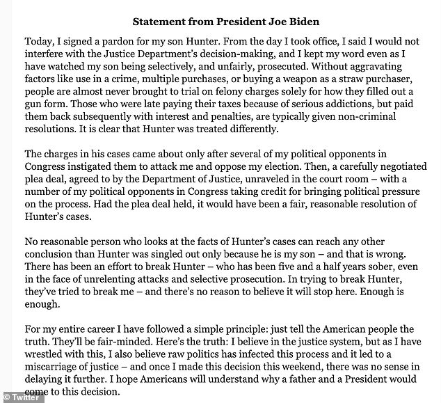 Biden issued a statement Sunday night announcing the pardon of his son Hunter.