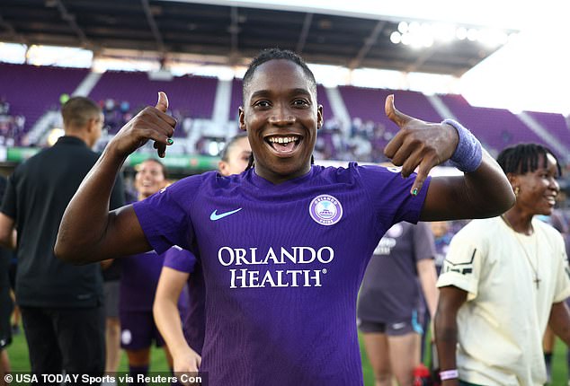 Orlando Pride forward Barbra Banda celebrates defeating Kansas City Current in an NWSL playoff semifinal game in November.