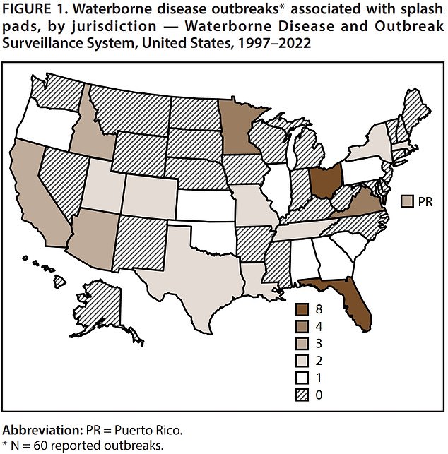 The map above shows the number of splash zone-related outbreaks by state from 1997 to 2022.