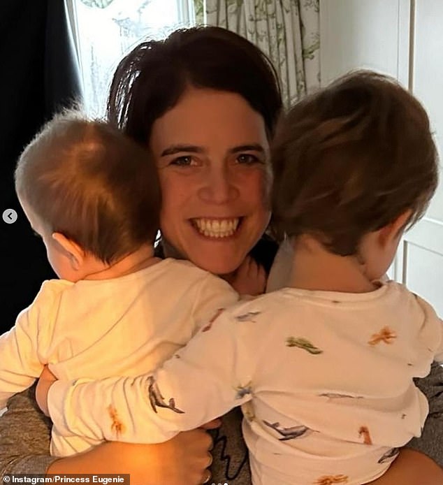 Princess Eugenie appears with her children: Auggie (pictured right), three years old, and Ernest (pictured left), one.