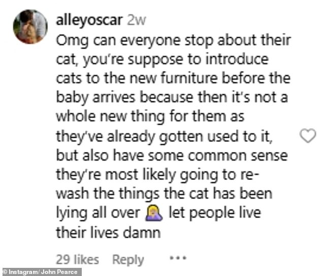 Although numerous followers criticized the future parents, others rushed to their defense, criticizing those who complained about the cat lying in the crib.