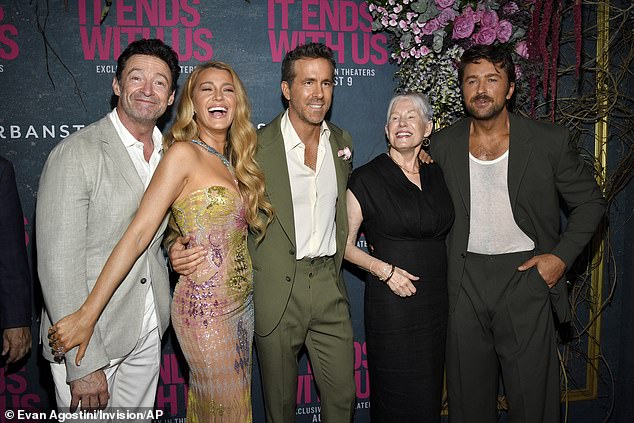 Hugh Jackman, from left, Blake Lively, Ryan Reynolds, Tammy Reynolds and Randon Skelnar attend the world premiere of It Ends With Us on August 6, 2024.