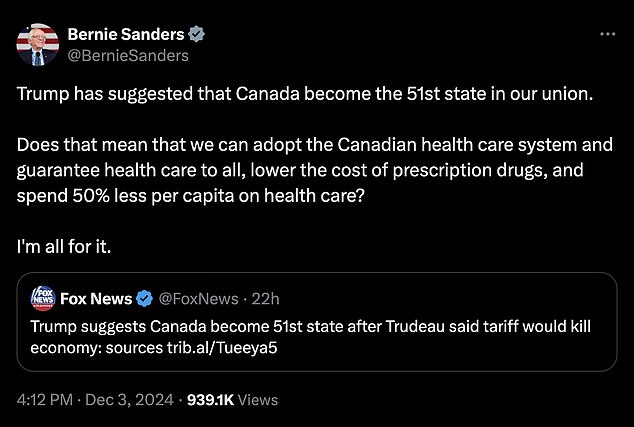 Sanders said he's 'all in favor' of Canada becoming the 51st state, while the U.S. adopts Canada's universal health care system