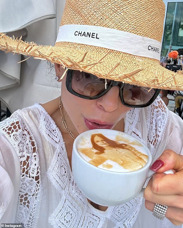 In one image, Bethenny drinks a drink with latte art featuring an image of herself.