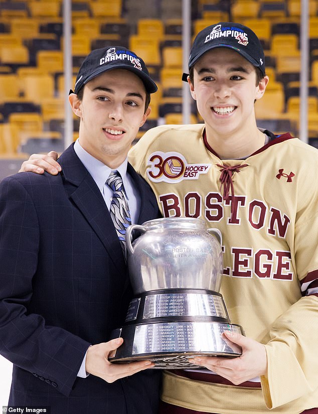 Brothers Johnny Gaudreau (right) and Matthew Gaudreau (left) after a Beanpot win in 2014.