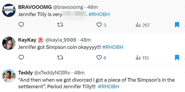 @bravooomg said: 'Jennifer Tilly is very rich, b***h. #RHOBH,” while @kayla_9908 said, “Jennifer got a Simpson coin okay!!! #RHOBH'