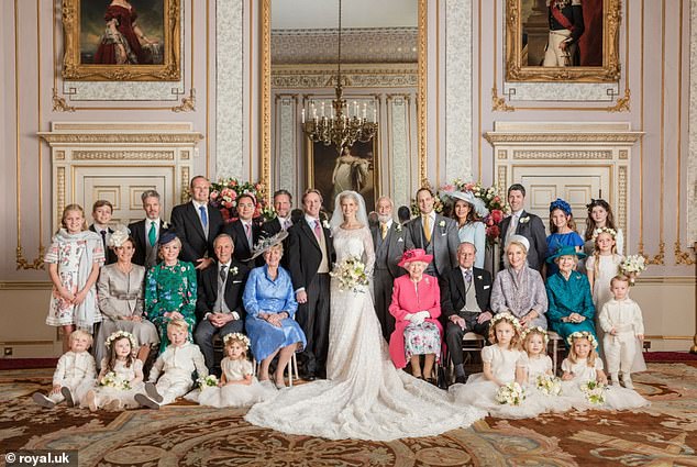 Lady Gabriella and Thomas Kingston took official photos on their wedding day; here with the late Queen and Prince Philip seated to his right.