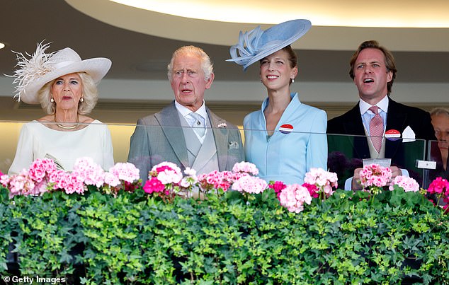 Queen Camilla, King Charles III, Lady Gabriella Windsor and Thomas Kingston watch the races from the Royal Box as they attend day 5 of Royal Ascot 2023.