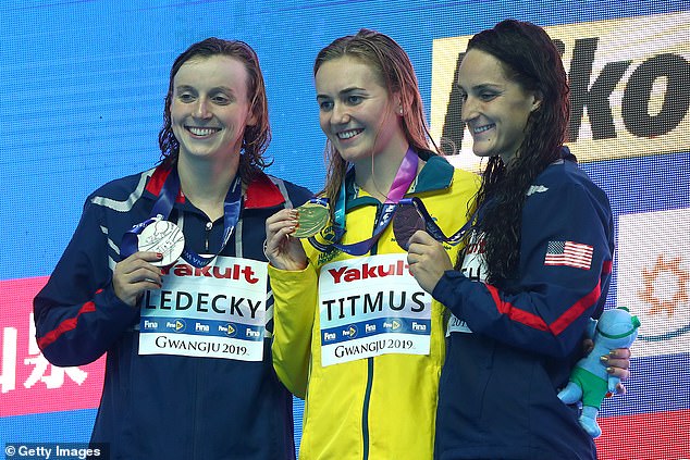 She noted how she landed her first World Championship in 2019, where Titmus (center) beat Katie Ledecky (left) to win the title.