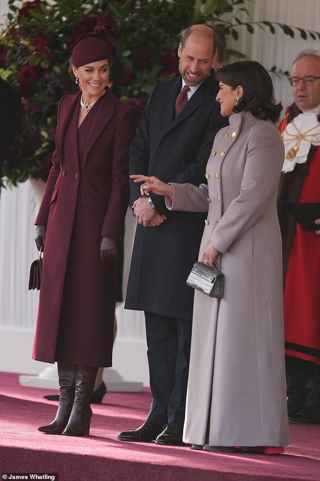 Kate and Prince William laugh with Sheikha Jawaher at the Horse Guards Parade - when she opted for boots instead of her usual suede pumps