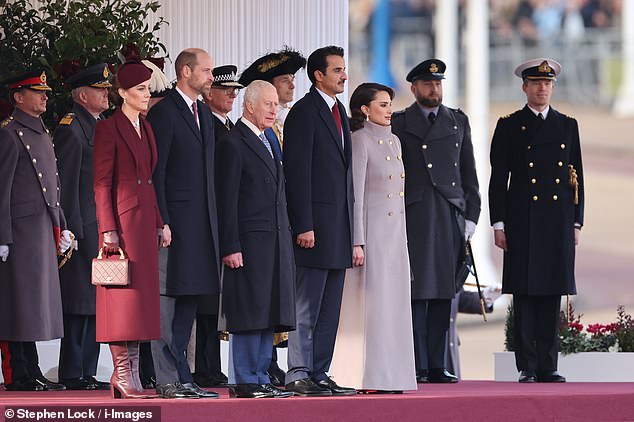 Kate, Prince William and King Charles III at the welcome for Sheikh Tamim bin Hamad Al Thani and the first of his three wives, Sheikha Jawaher, during the Horse Guards Parade today