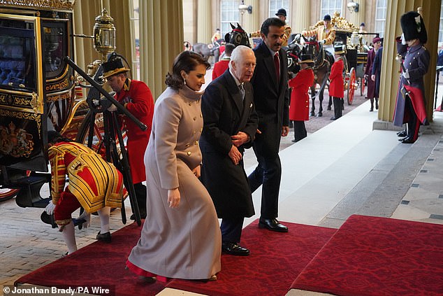 King Charles III arrives at Buckingham Palace with the Emir of Qatar, Sheikh Tamim bin Hamad Al Thani and his wife Sheikha Jawaher, after the ceremonial welcome