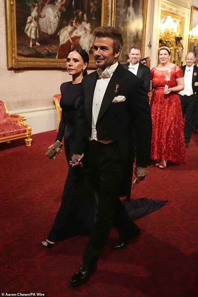 Victoria and husband David, whose invitations were kept secret until the start of the event, joined King Charles, Queen Camilla and the Prince of Wales at Buckingham Palace on Tuesday.