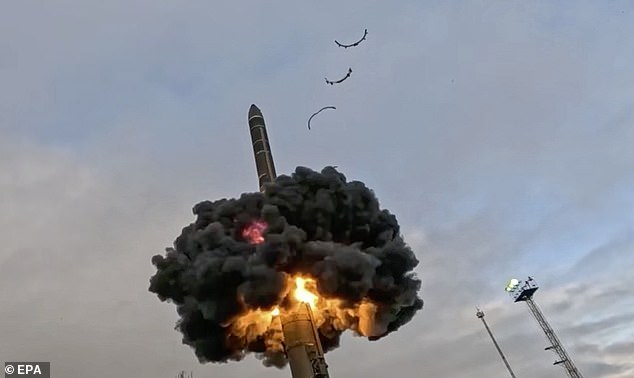 A screenshot taken from images released by the Russian Ministry of Defense on March 1, 2024 purports to show the test firing of an intercontinental ballistic missile belonging to the country's nuclear deterrent forces.