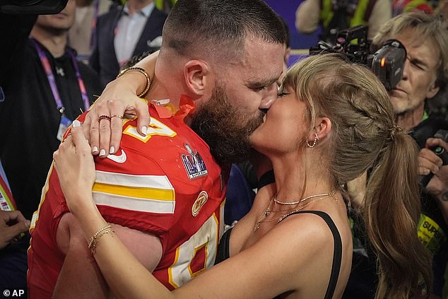 Kelce and Swift share a kiss on the field after the Chiefs won the Super Bowl in Las Vegas