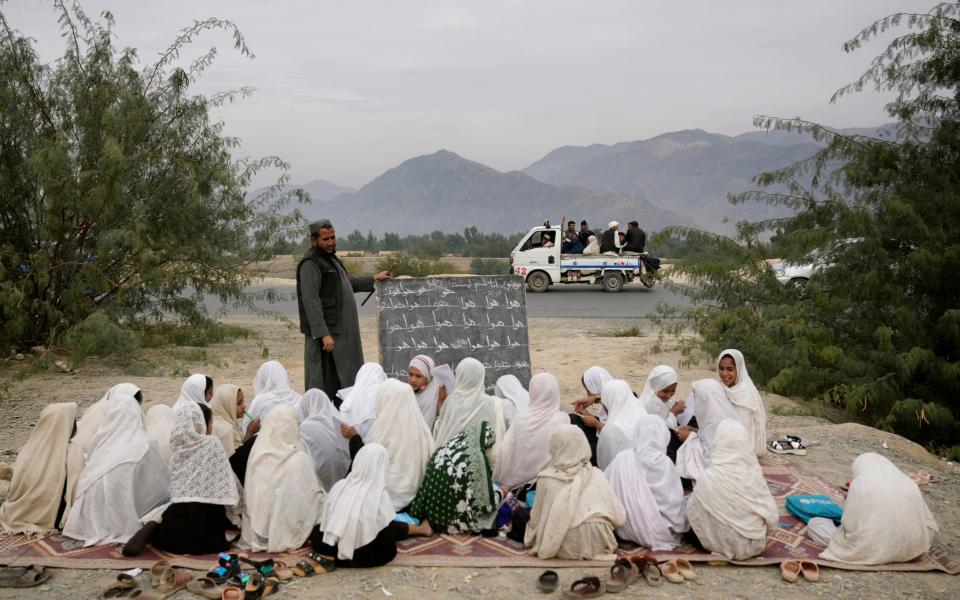 An outdoor girls' classroom in Torkham, Afghanistan