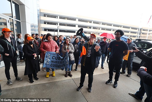 Pictured: People's Action protesters target health insurer UnitedHealth Group over exorbitant health insurance costs and insurance claim denials on April 16, 2024