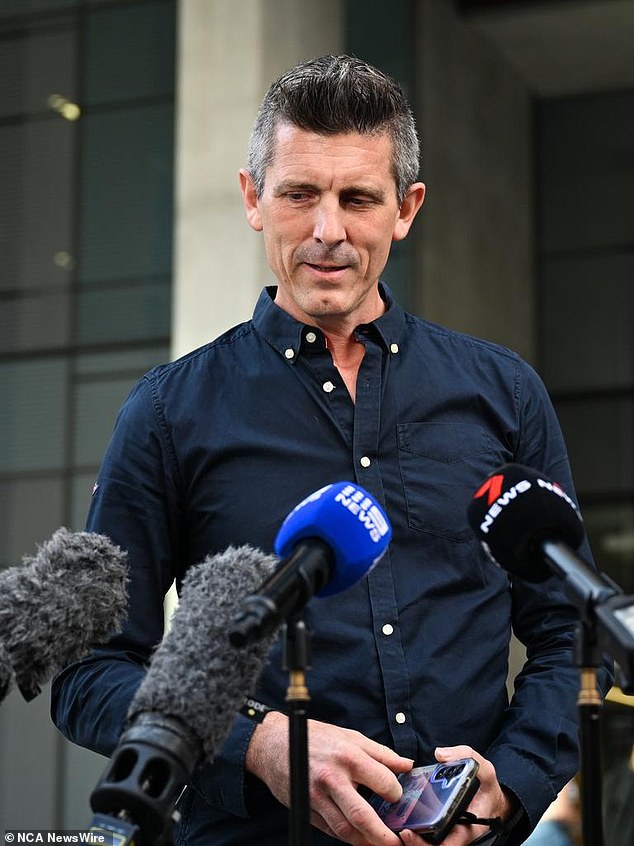 Grief-stricken Lee Lovell was seen speaking to reporters after a judge found the second teenager involved in the robbery not guilty of murdering his wife. Image: NewsWire