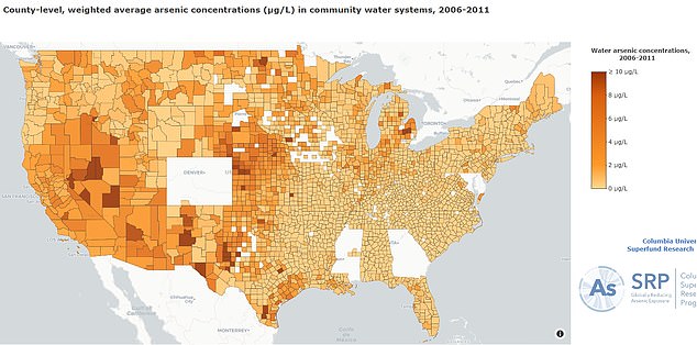 The map above shows arsenic levels in public drinking water by county in the US. It is dated between 2006 and 2011.