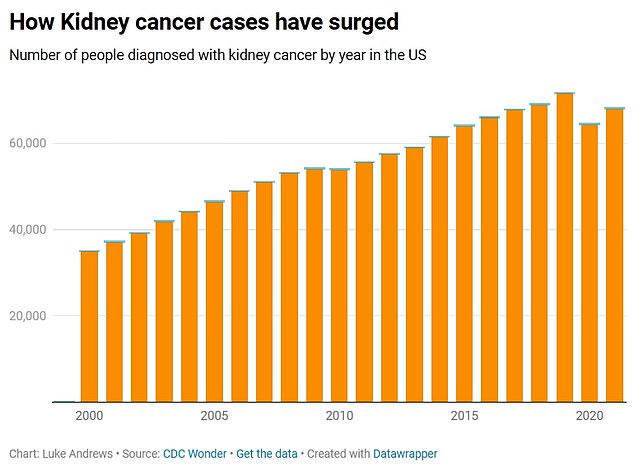 The above shows kidney cancer cases per year in the US, according to the CDC.