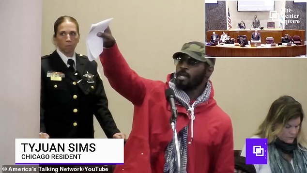 Last month, Johnson also faced another angry city council meeting over his tax hike plans, with resident Tyjuan Sims (pictured) accusing him of neglecting Chicagoans while offering protection to undocumented immigrants.