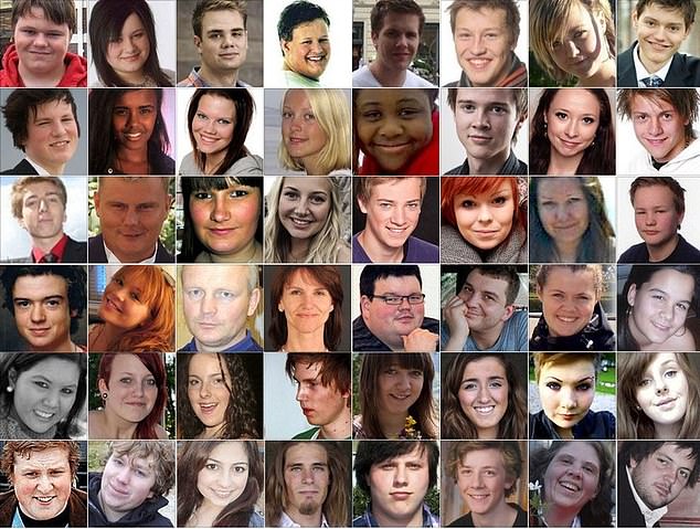 Breivik was sentenced to 21 years in prison, the harshest sentence possible under Norwegian law, for killing 77 people in a bomb and gun attack in July 2011. Pictured: Victims of the attack